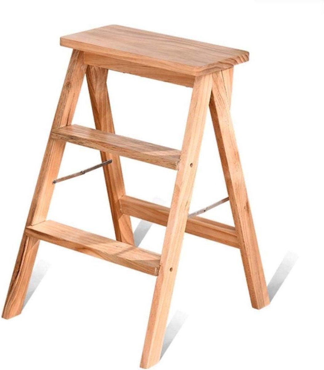 Houten Klimkruk - Opvouwbare Ladder - Keuken Hulp - Dubbel Gebruik - 64 cm Hoog - Bruin