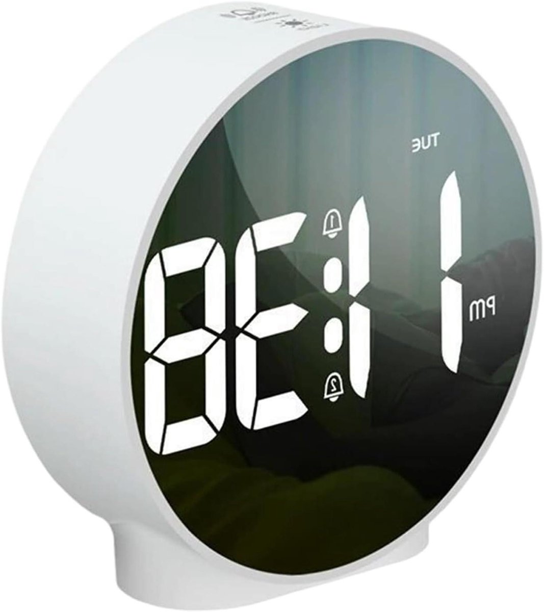 Led-wekker Spiegel - Digitale Klok - Tijd Bijhouden - Dubbel Wekalarm - 11 cm Breed - Wit
