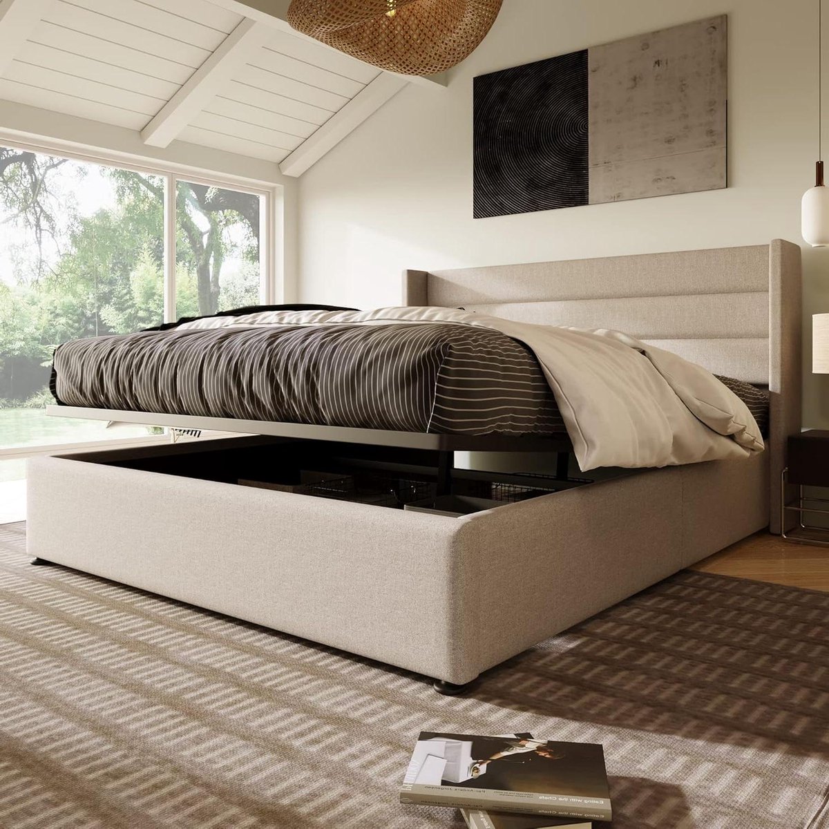 Gestoffeerd Opbergbed - Linnen Bed - Ruimte Besparen - Hydraulisch Systeem - 180x200cm - Beige