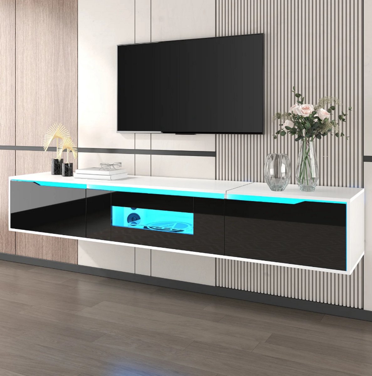 TV-meubel 180 cm Zwart Wit Hoogglans met LED-verlichting – Modern Wand TV Meubel met Geribbelde Deuren – Design Lowboard – Furnitureland