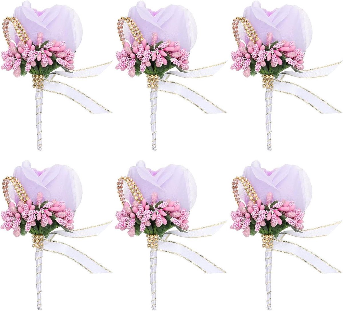 Kunst Rozen Boutonnieres - Bruidsmeisje Corsages - Bruiloft Decoratie - Handgemaakt met Strass - 12x7cm - Roze Paars