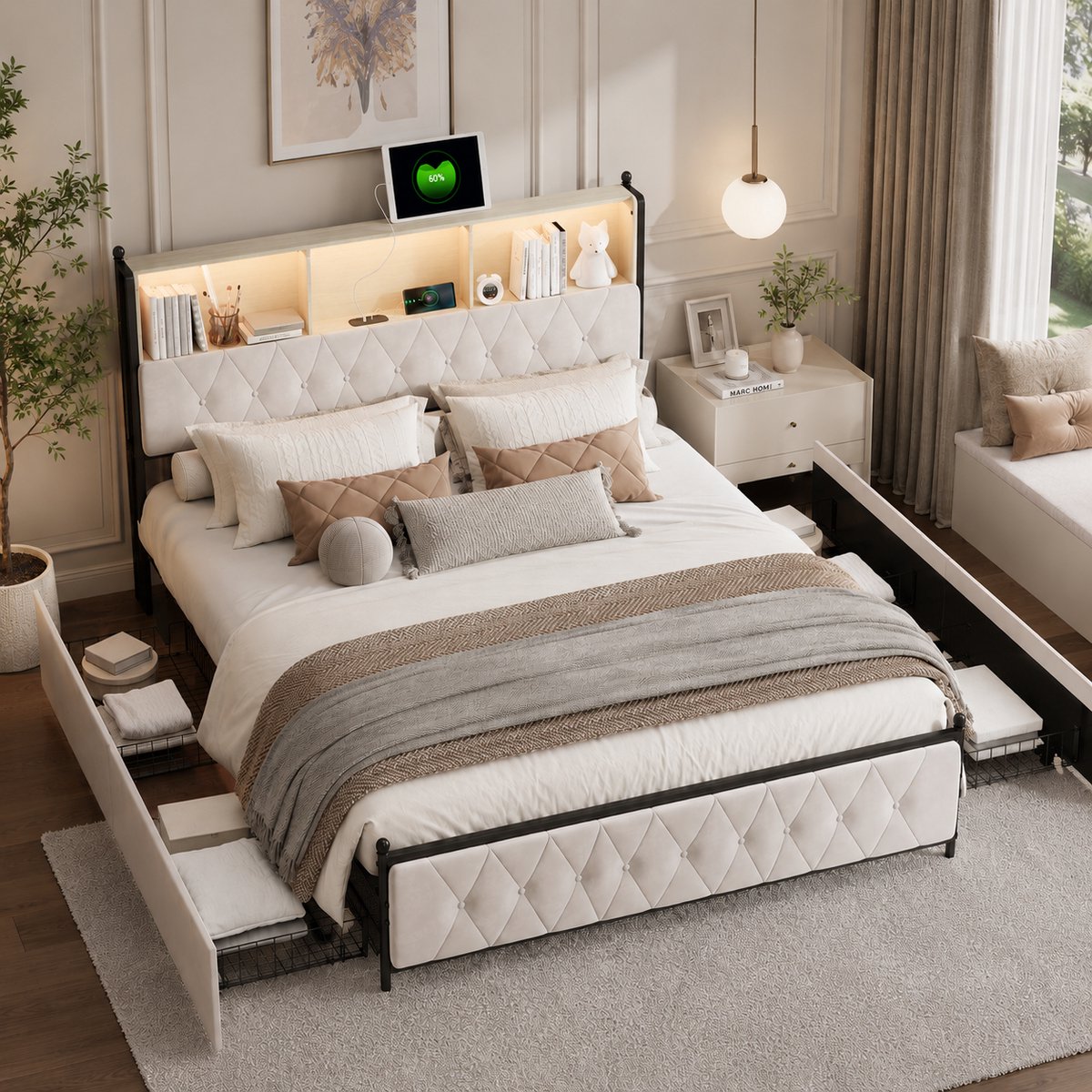 Gestoffeerd Tweepersoonsbed 160x200 cm Beige Fluweel – Met LED-verlichting, USB-oplaadpoorten, Lattenbodem en 4 Opberglades, Metalen Bedframe, Jeugdbed met Opbergruimte, Zonder Matras