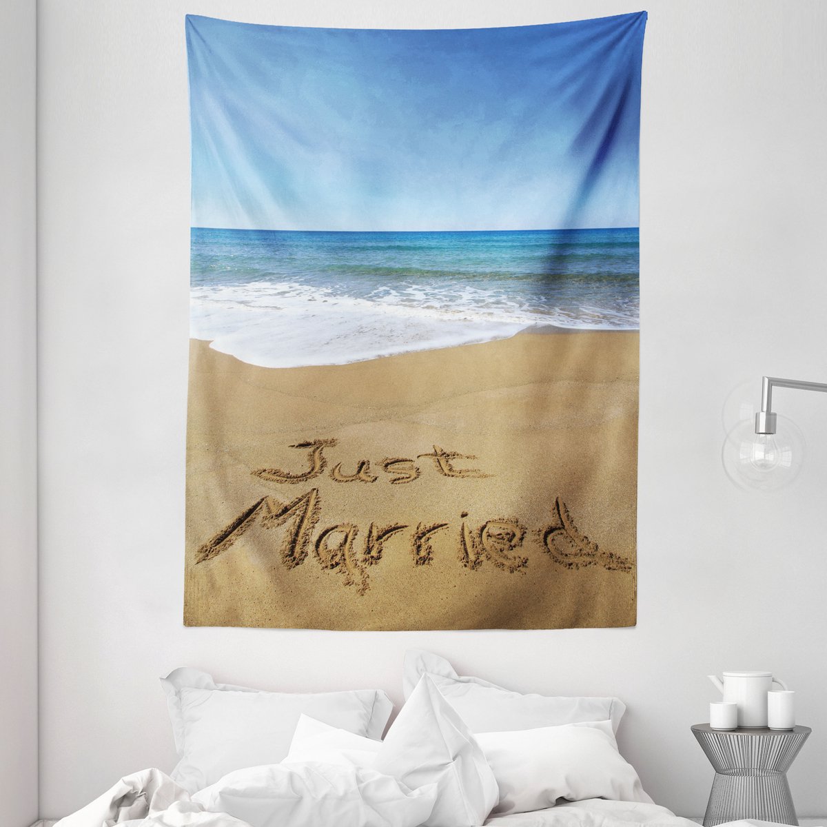 ABAKUHAUS Strandtapijt, Net getrouwd op zand, woonkamer slaapkamer wanddoek zijdezacht satijn wandtapijt, 150 x 200 cm, bruin witblauw Bruin, wit, blauw,