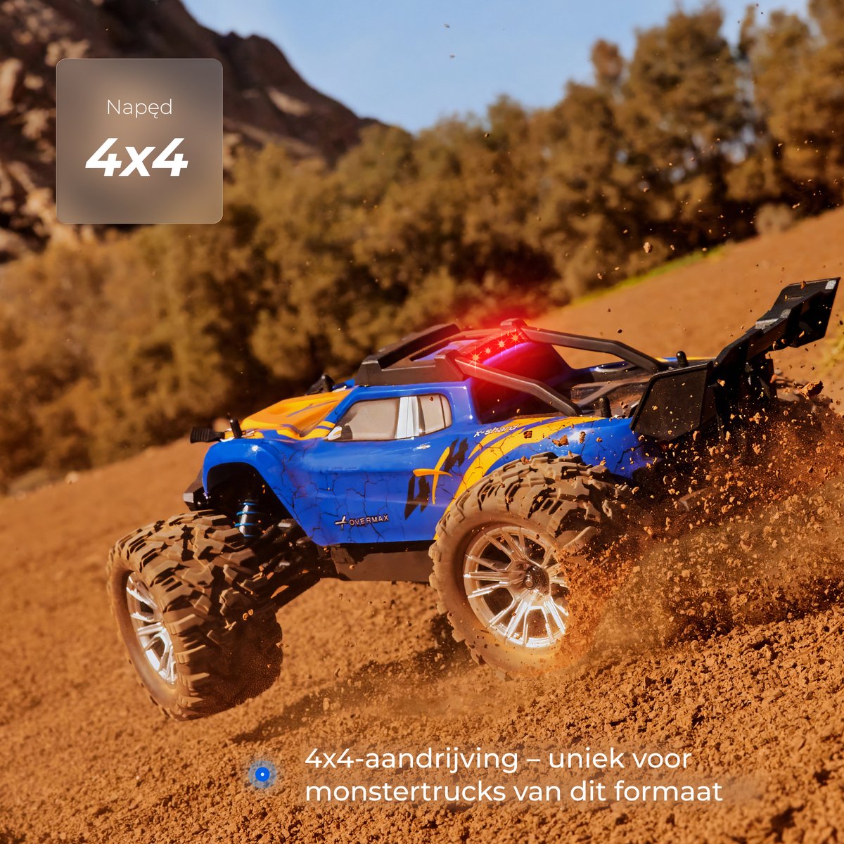 Overmax X-Shard RC auto / RC car Monster Truck 4x4 – metalen aandrijving – tot 30 km/u – LED verlichting – off-road – IPX4 – bereik 90 m – 1:16 – RTR set – 20 min rijtijd – onafhankelijke vering – vanaf 8 jaar - Bestuurbare Auto — afbeelding 14