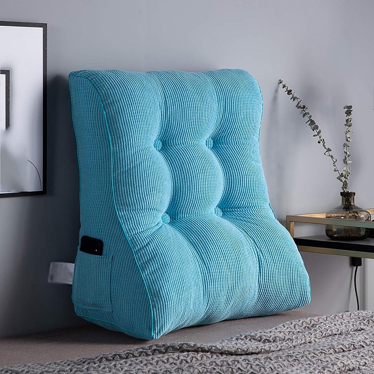 Rugkussen Leeskussen - Lumbale Steun - Zitten in Bed - Zijvak Opbergvak - 55CM - Effenvorm