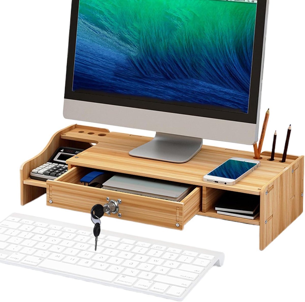 Monitorstandaard Hout - Bureau Organizer - Bureau Verbetering - Met Lade - 488 cm - Houtkleur
