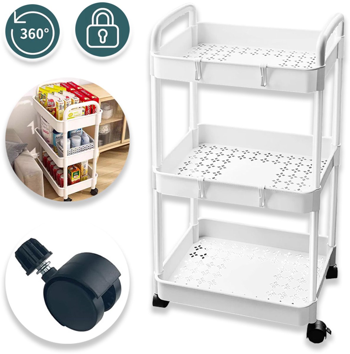 3-Laags Rollende Wagen Met Wielen - Witte Kunststof Drielaagse Rollende Plankwagen Op Afsluitbare Wielen - Kleine Praktische Opbergorganizer Karren Voor Ambachtelijke Kunst Babyluier Caddy Snack Slaapzaal Keuken Badkamer