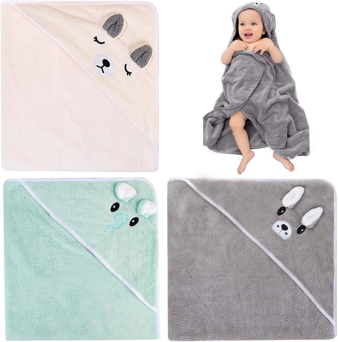 Hooded Badhanddoeken Set voor Baby's - 3 Stuks, 105 x 105 cm, Zachte en Absorberende Badhanddoeken, Perfecte Cadeaus voor Pasgeborenen in Grijs