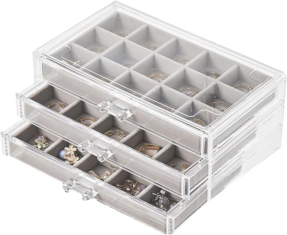 Oorbellenhouder Organizer Box met 5 Lades van Transparant Acryl voor Sieraden en Oorbellen (Grijs, 3 Lades)