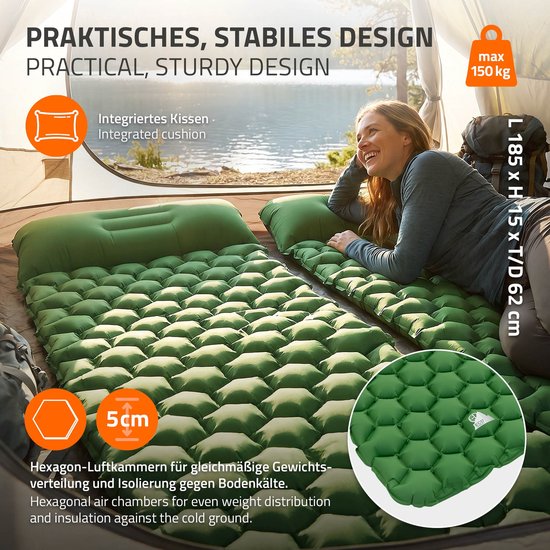Campingmat, opblaasbare campingmat, groen, outdoor luchtmatras met geïntegreerd kussen, ultralicht, compact & opvouwbaar — afbeelding 4