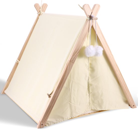 Lemlit Hondenbed Kattenbed 61 x 58 x 60 cm - Tipi Huisdierentent met Kussen - Afneembaar en Wasbaar Huisdierenhuisje voor Hond Kat Puppy en Kitten - Beige