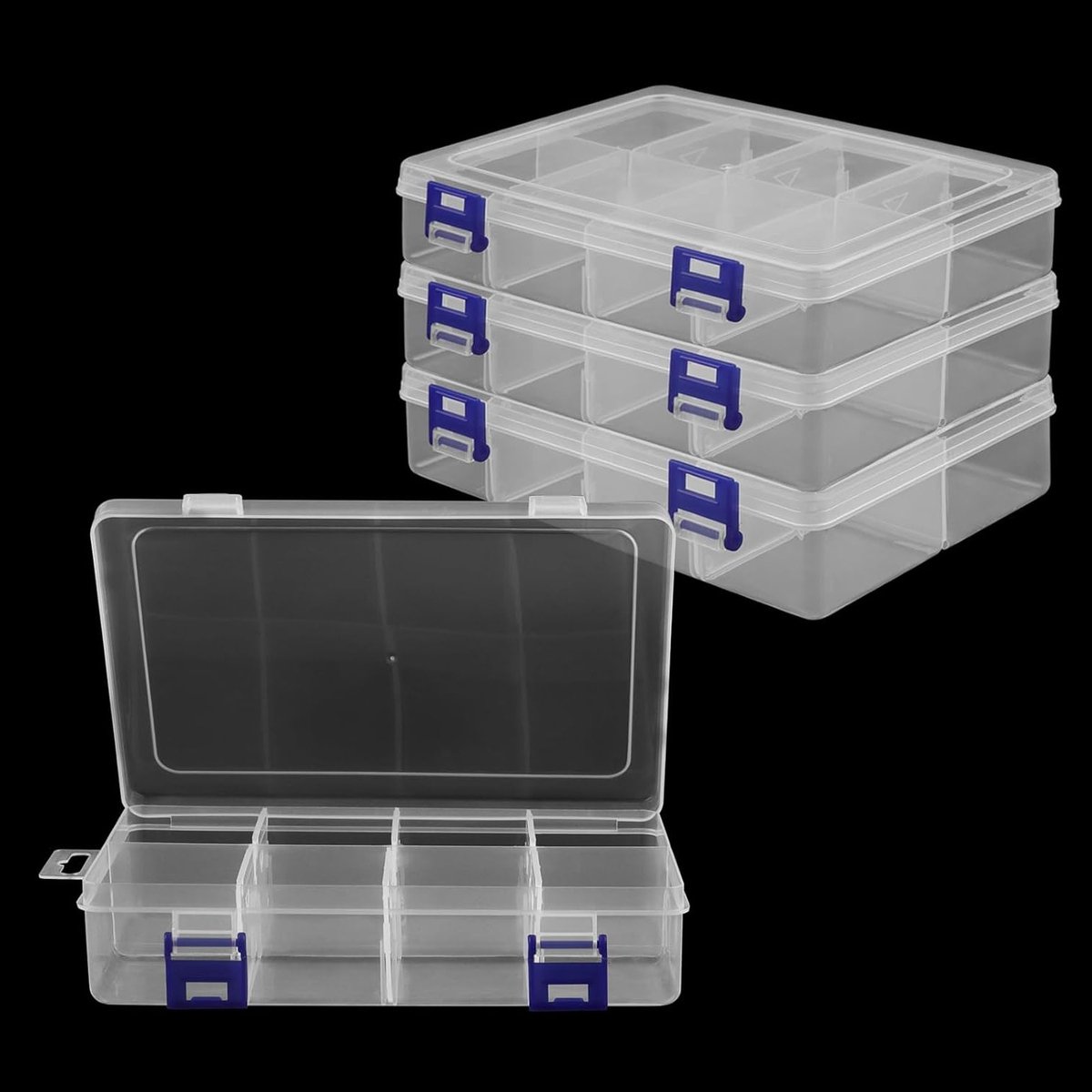 4-delige doorzichtige plastic opbergdoos met 8 vakken, ideaal voor kralen, sieraden en knutselmaterialen, afmetingen 19.5x13x4.5cm