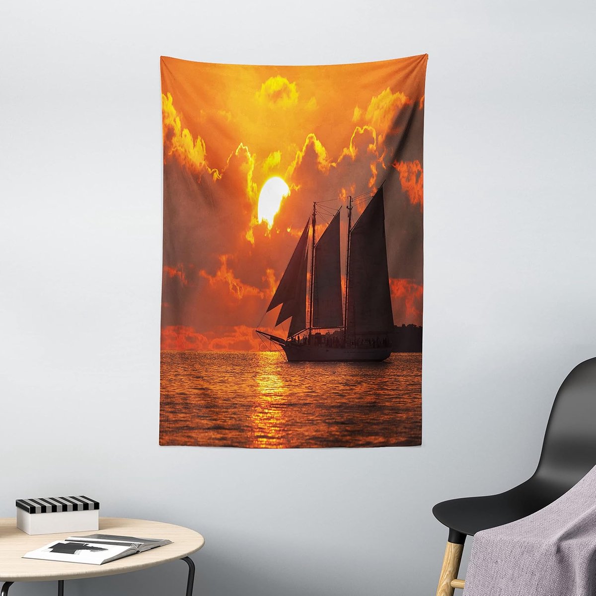 ABAKUHAUS Tropisch Wandtapijt, Zonsondergang in Key Florida, Woonkamer Slaapkamer Wanddoek Zijdezacht Satijn Wandtapijt, 100 x 150 cm, Oranje Donker Oranje Oranje Donkeroranje
