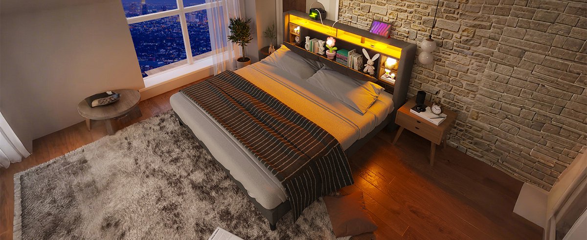 Gestoffeerd Bed 160x200 - Tweepersoonsbed Met Opbergruimte - Grijs - USB En LED