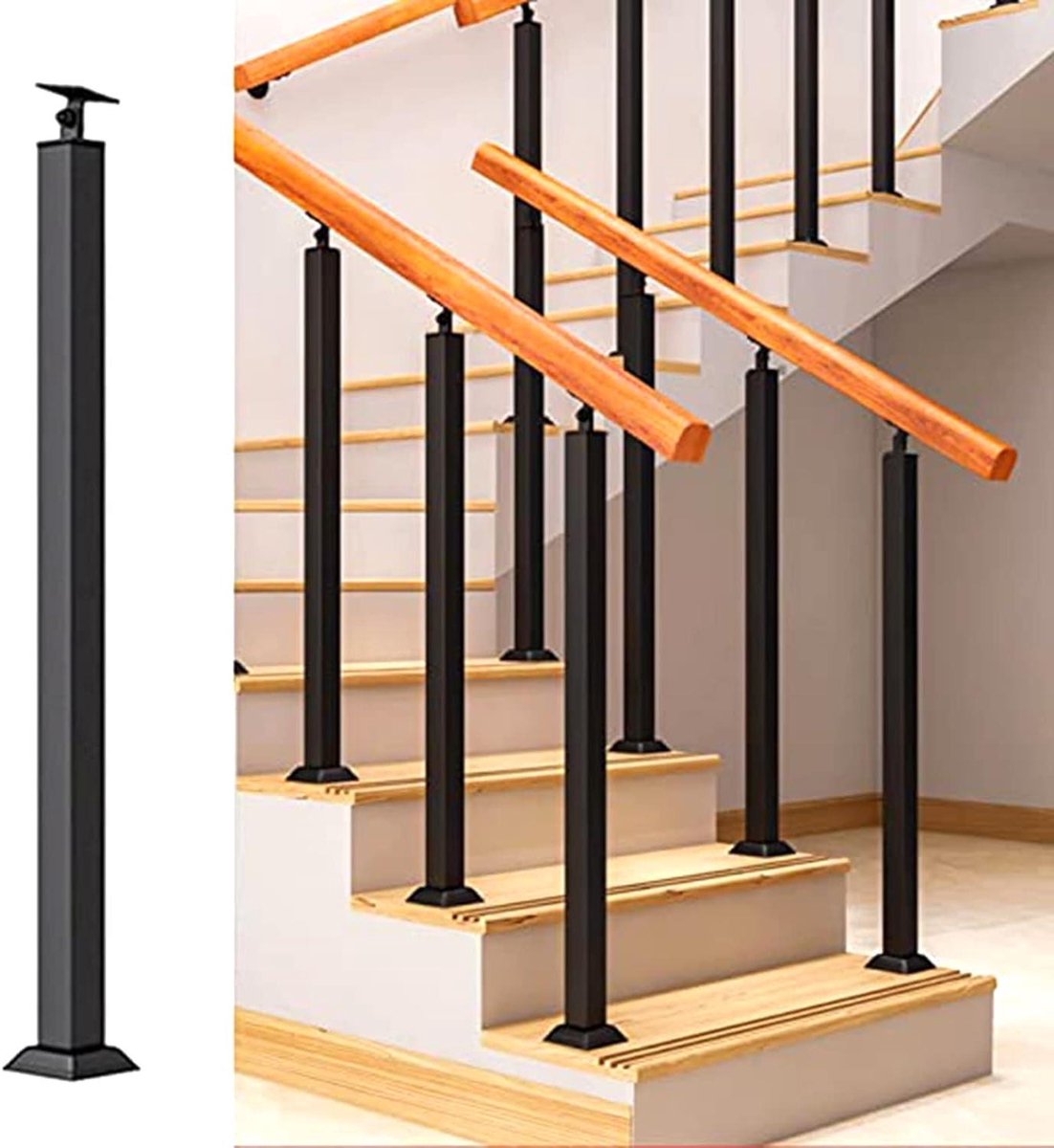 Trapleuningpalen - Steunpalen Balustrade - Veiligheid Binnenshuis - Verstelbare Hoek - 4x4 cm Paal - Zwart