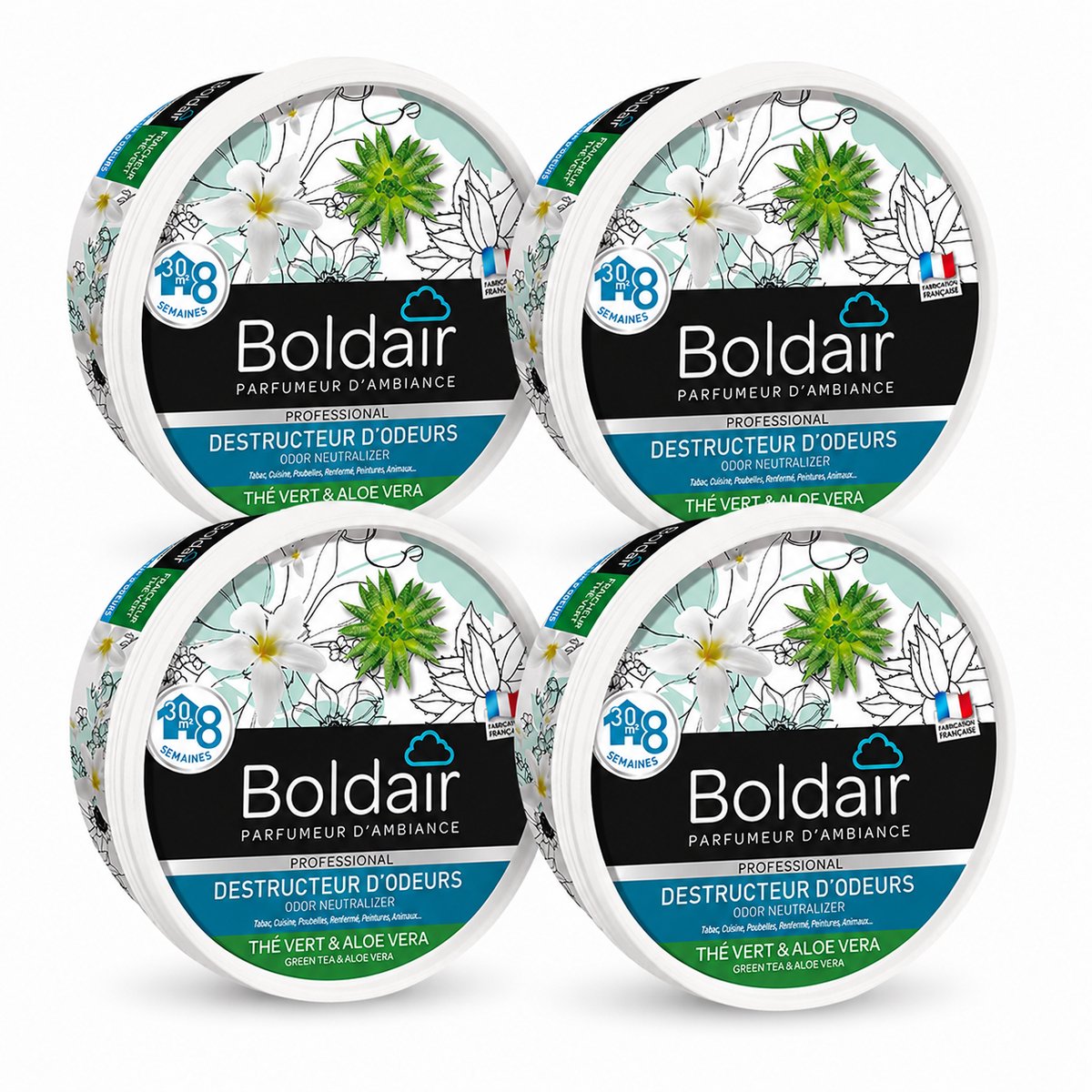 Boldair Geurverdrijver Gel Thé Vert & Aloe Vera 300 g - Set van 4 Stuks - Professionele Luchtverfrisser Geurneutralisator - 8 Weken Werking tot 30 m² - Made in France Grasse
