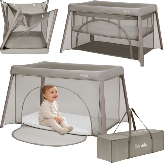 Lionelo Mila – 2 in 1 Reisbedje & Campingbed – Lichtgewicht – 2 Hoogteposities – 4 cm T25 Matras – 360° Mesh Ventilatie – Snel Compact Opvouwbaar – Zij-ingang met Rits – Inclusief Draagtas – Afneembare Wasbare Hoes