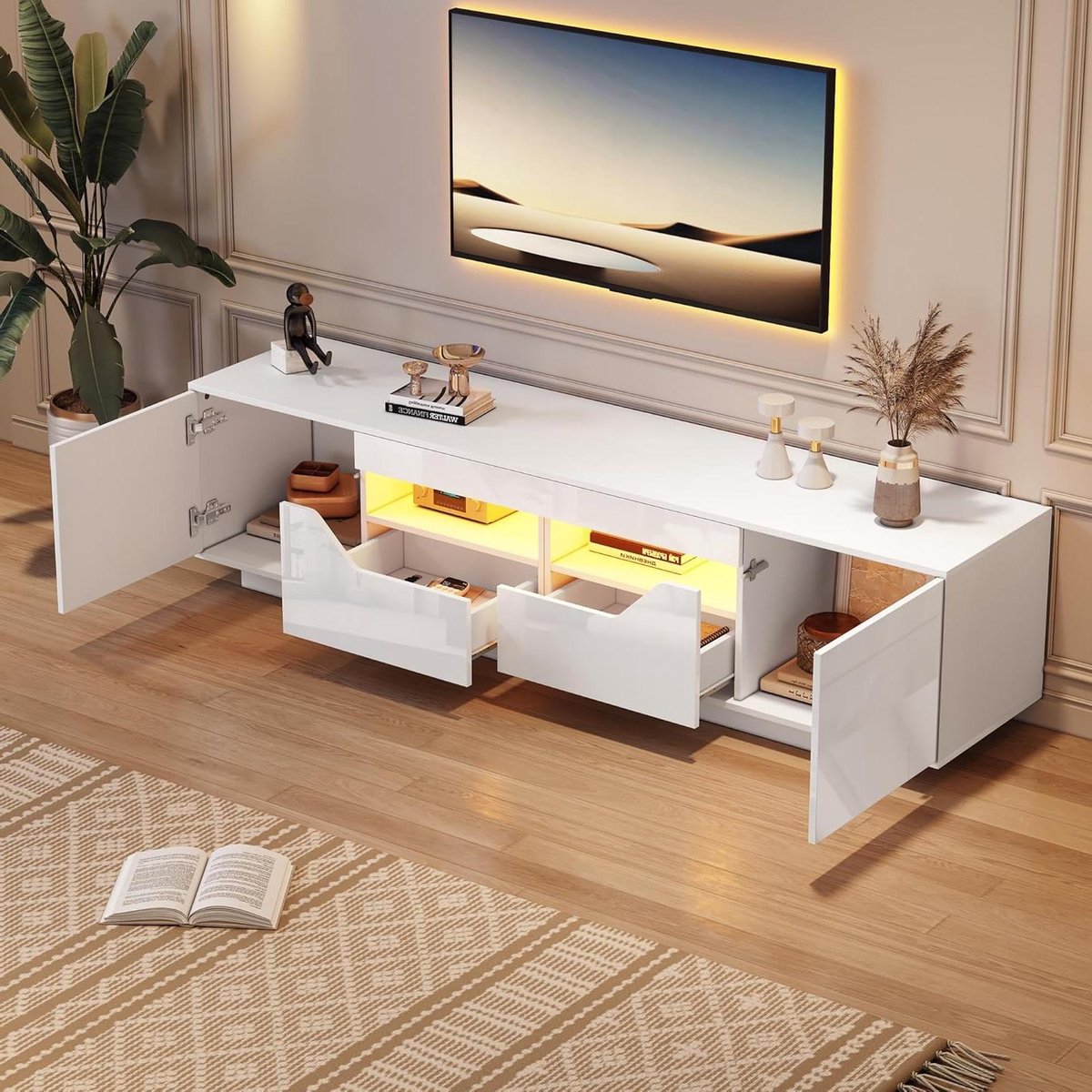 Televisiekast Lowboard - Mediameubel TV meubel - Woonkamer Inrichting - Hoogglans Afwerking - 180 cm Breed - Wit