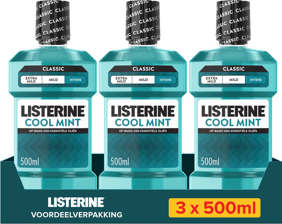 Listerine Cool Mint Intensief Mondspoeling, Met Essentiële Oliën, Tegen Slechte Adem en Tandplak, Intense Muntsmaak, 3x500 ml