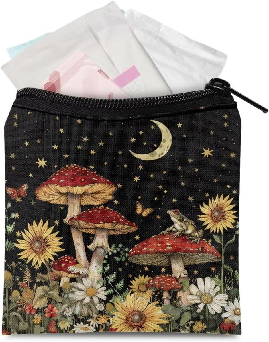 Maandverband Opbergtas - Menstruatie Pouch - Persoonlijke Hygiëne - Draagbaar Ritsvak - 13 x 13.7 cm - Paddestoel