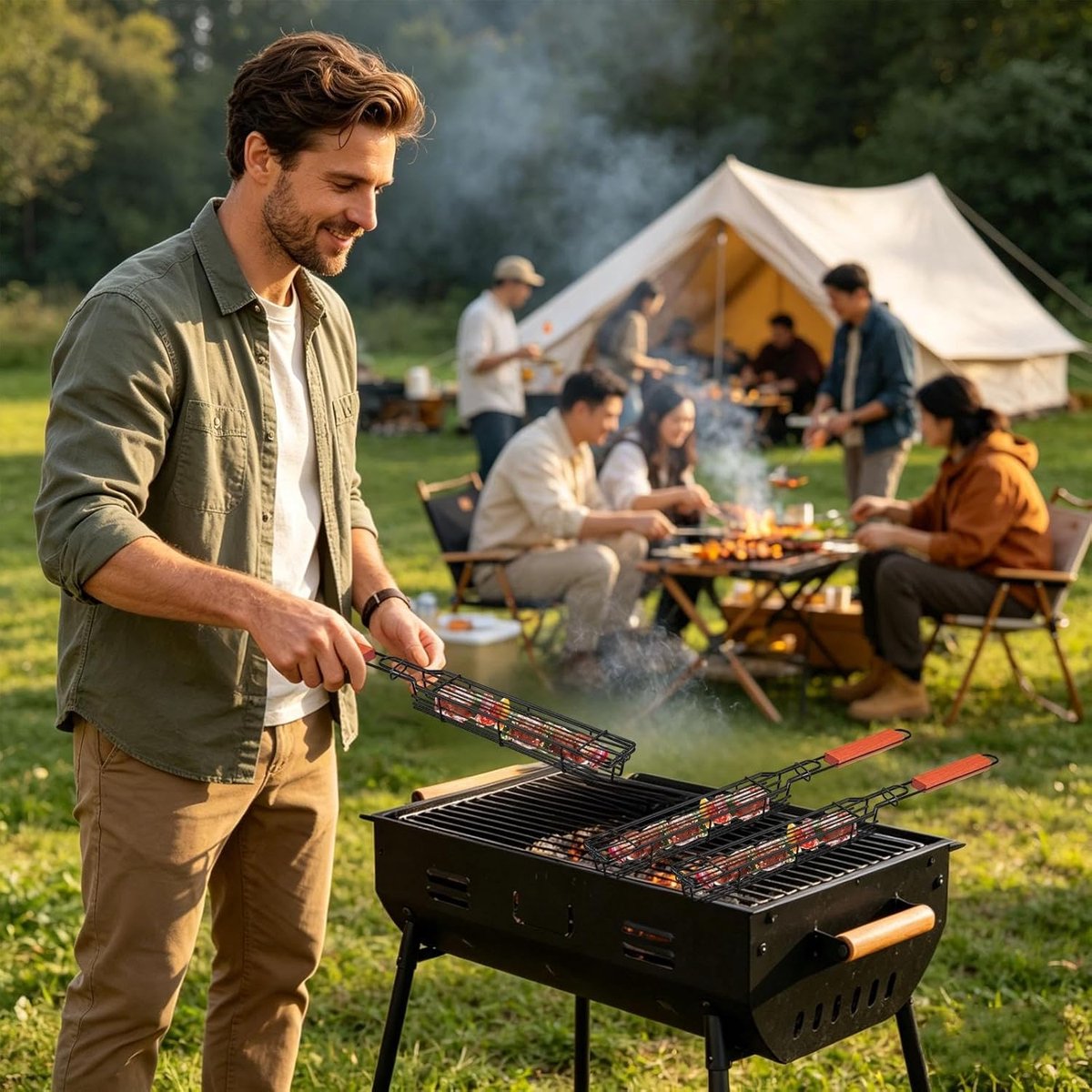 Barbecue Klemrek - Worst Houder - Buiten Grillen - Dubbel Net Mechanisme - 51 cm Lengte - Zilver