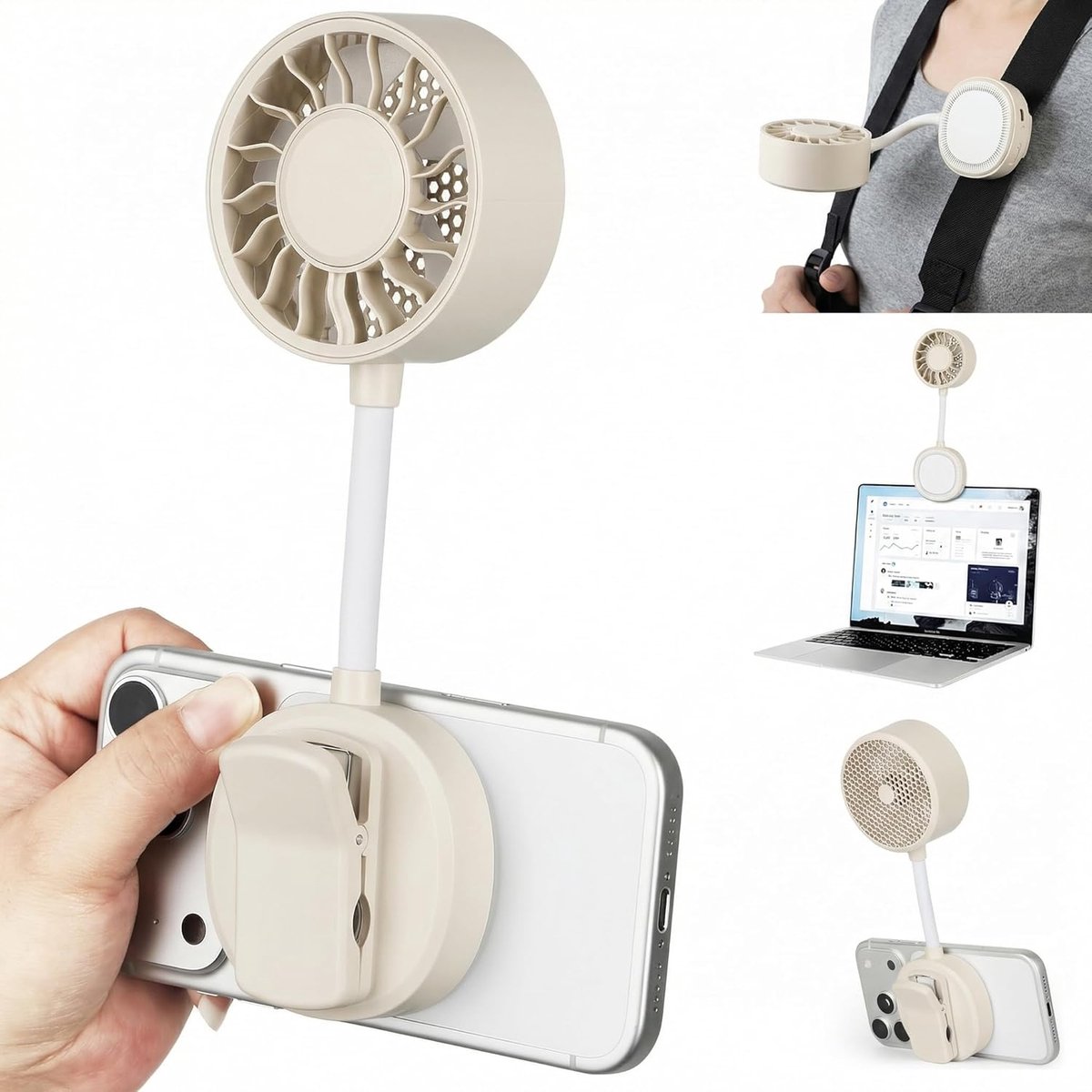 Handventilator met clip en standaard - draagbare mini-ventilator met 1800mAh-batterij, geschikt voor kinderwagens, krachtige tafelventilator, met magnetische telefoonhouder en flexibele hals.
