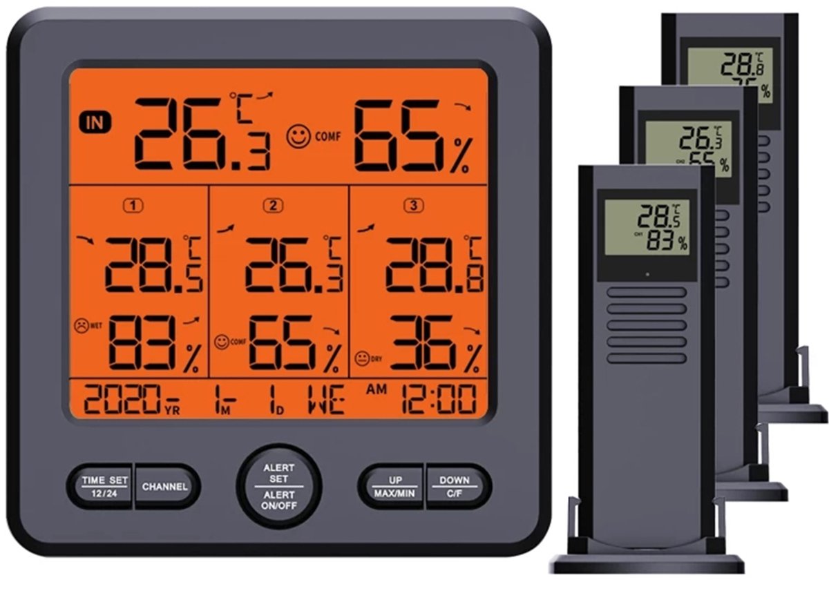 Weerstation - Hygrometer - mit 3 Außensensor-Luchtvochtigheidsmeter - Thermometer voor binnen - Datum & Klok