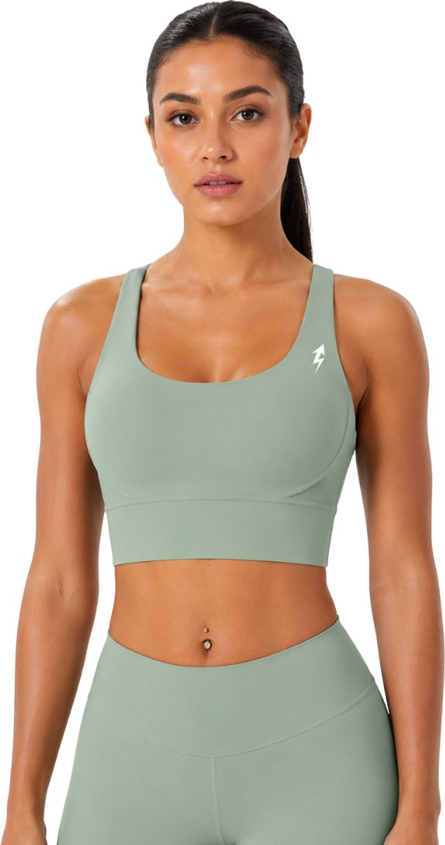 SparkNine Elevate sport-bh - S - groen - gekruiste rug - push-up effect - stevige ondersteuning - met uitneembare pads