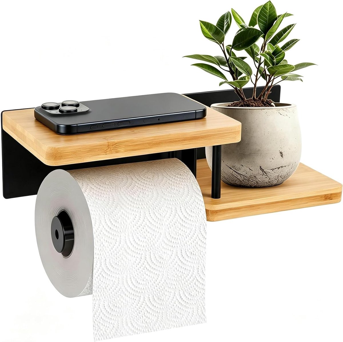 Toiletrolhouder met Plank - Stevige Stalen en Bamboe Toiletrolhouder zonder Boren voor Badkamer en Keuken, Ruimtebesparend en Stijlvol