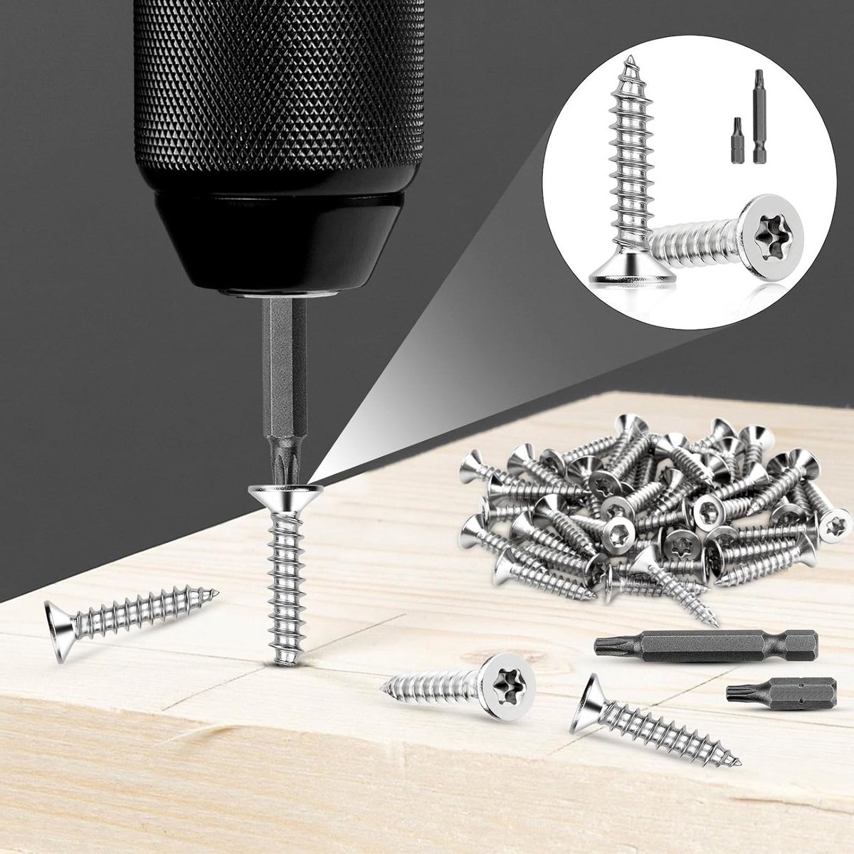 Set van 110 RVS Houtschroeven Torx M4 x 25 mm, Verzinkte Kop, Volledige Draad, Zelftappende Schroeven voor Hout en Spaanplaat