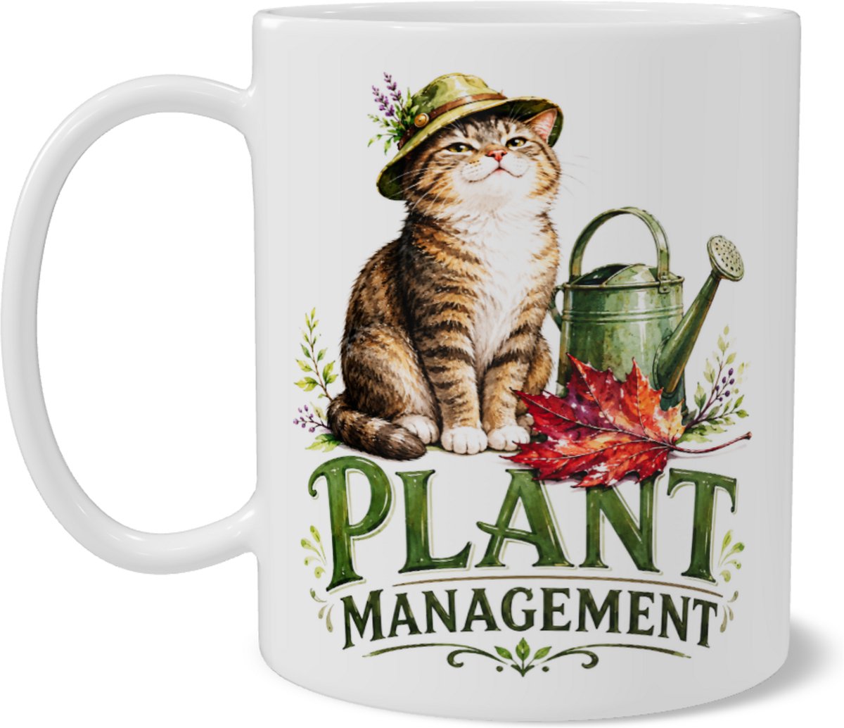 Koffiemok met tuinierkat en tekst Plant Management - Botanische mok met kat en gieter aquarel - Cadeau voor plantenliefhebbers en tuiniers - Keramische mok dubbelzijdige print