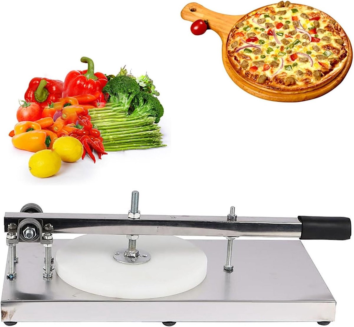Deegpers Machine - Handdruk Pers - Pizza Bodems Maken - Roestvrij Staal - 22 cm - Zilverkleurig