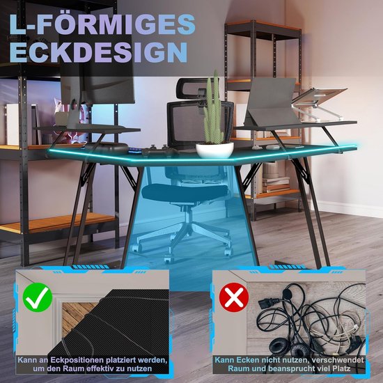 Gamingtafel - Bureau werkstation - Thuiswerken gamen - L-vormig hoekdesign - 140 cm - Zwart — afbeelding 4