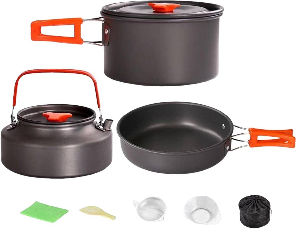 Kookset Camping - Buiten Koken - Outdoor Activiteiten - Compact Stapelbaar - 3 Delig - Grijs