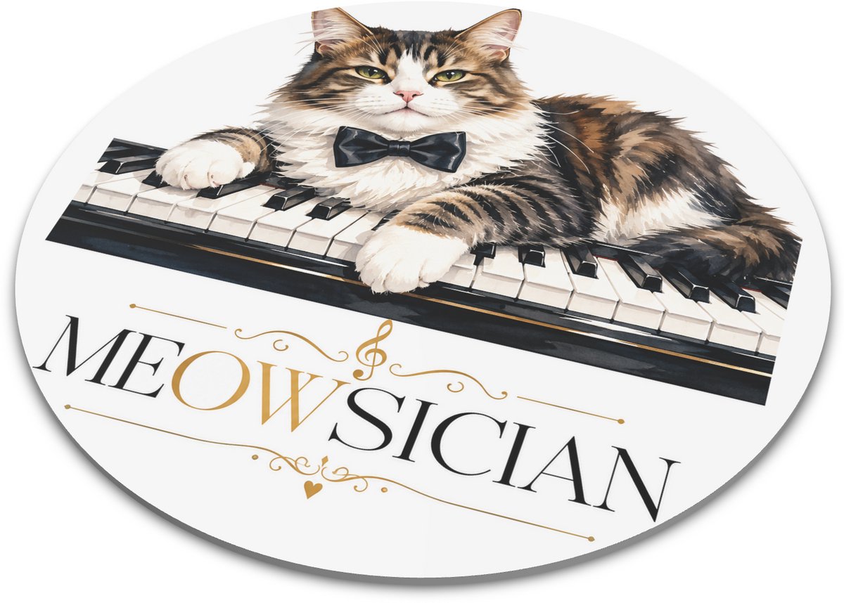 Ronde muismat met elegante kat met vlinderdas op piano - Meowsician quote - Muzikale aquarel illustratie voor bureau of werkplek - Cadeau voor muzikant of kattenliefhebber - 22x22 cm