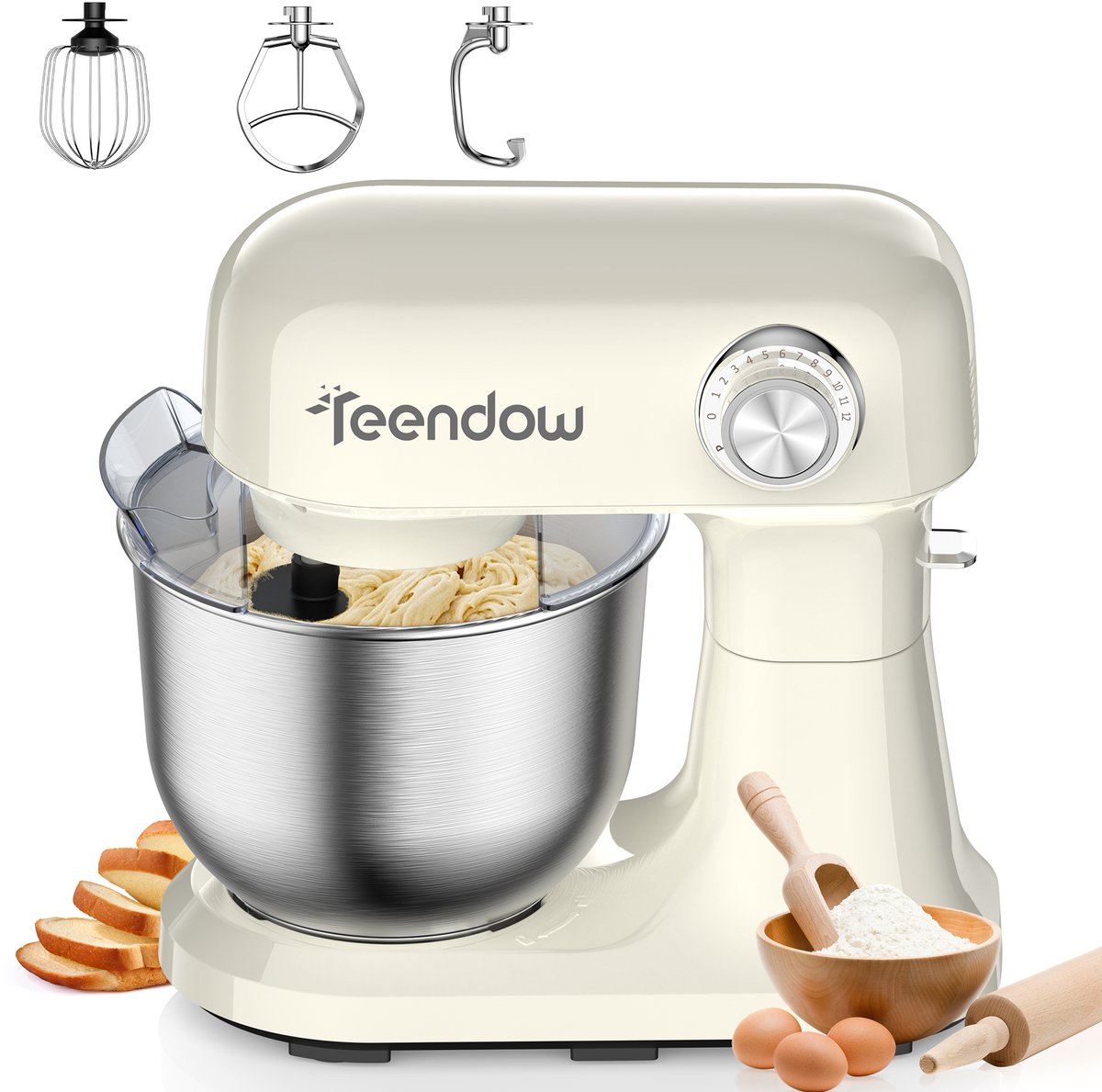 Teendow SM‑B03C Keukenmachine – 1500W Staande Mixer met 12 Snelheden - 5L RVS Kom - Kantelbare Kop - Voor Deeg Kneden, Taartbeslag en Room - Vaatwasserbestendig voor Thuisbakken