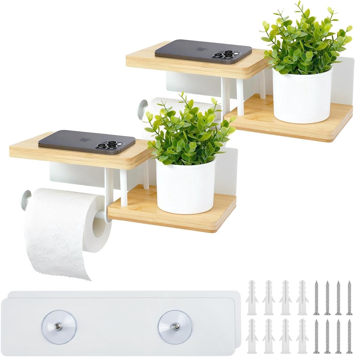 Bamboe Toiletpapierhouder met Plank | Zelfklevend of te Boren | Witte Houder voor Badkamer, Keuken en Toilet | 30×12×8 cm | Duurzaam, Ruimtebesparend en Stijlvol