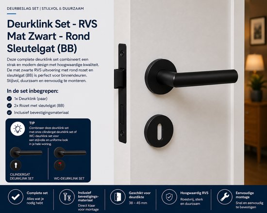 Slotman Solutions Deurklink Set Zwart Rond Rozet BB55 | Deurbeslag met Sleutelgat | RVS Deurkrukken voor Binnendeuren | Complete Set Inclusief Bevestigingsmateriaal