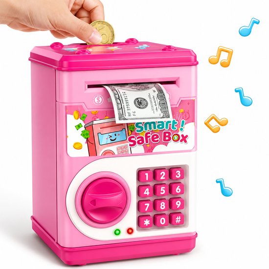 Tirelire rose avec clavier numérique et fente pour l'argent. Une main insère des pièces.