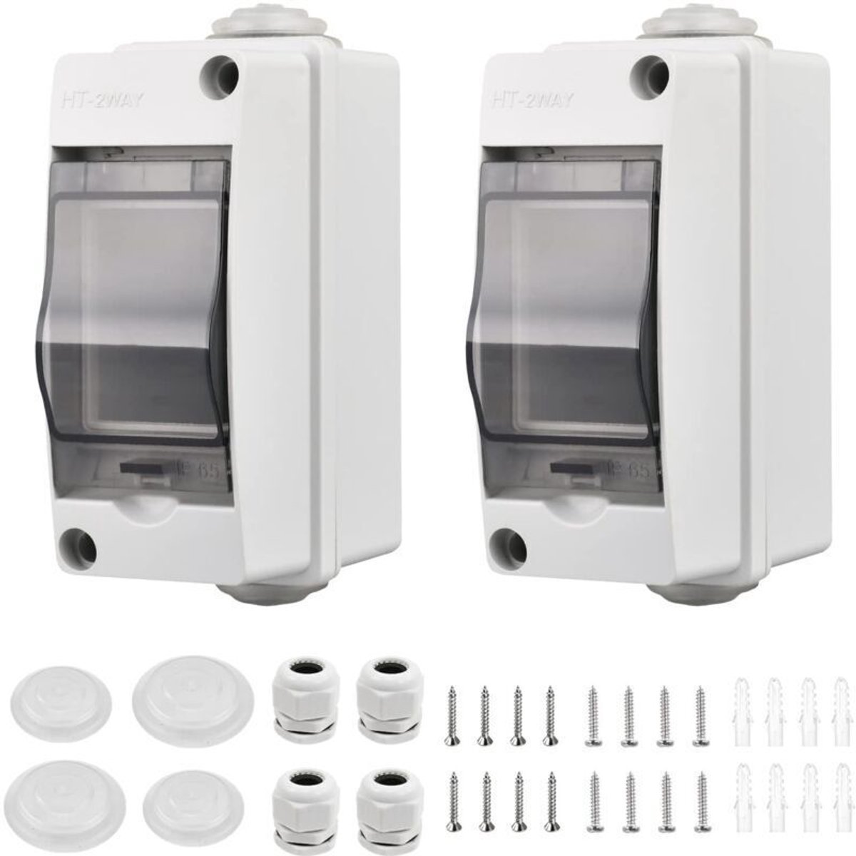 Tweedelige compacte, waterdichte elektrische behuizing, IP65 waterdichte behuizing voor buitengebruik met 2 modules en 2 connectoren, geschikt voor buitenomgevingen zoals tuinen en industrieterreinen.