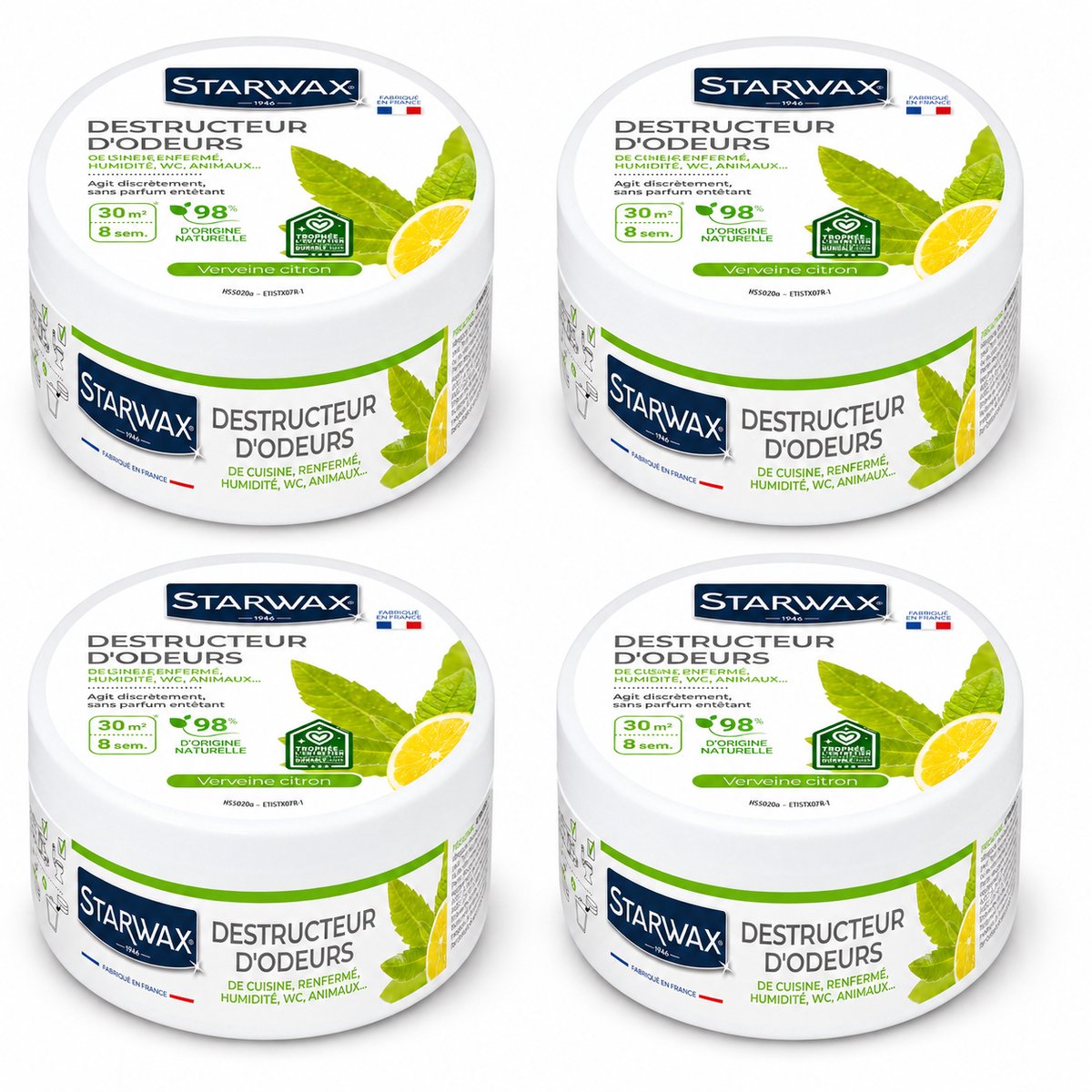 Starwax Geurverdrijver Verveine Citron 300 g - Set van 4 Stuks - Natuurlijke Luchtverfrisser Geurneutralisator - 8 Weken Werking tot 30 m² - 98% Natuurlijke Oorsprong - Made in France