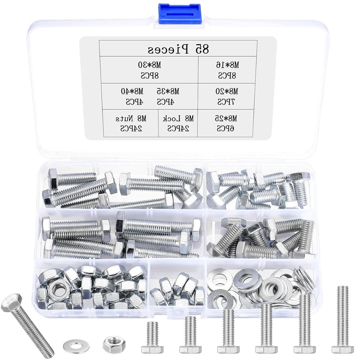 Complete Set van 85 M8 Schroeven met Moeren en Ringen - Diverse Hex Head Schroeven voor Meubelmontage en Klusprojecten