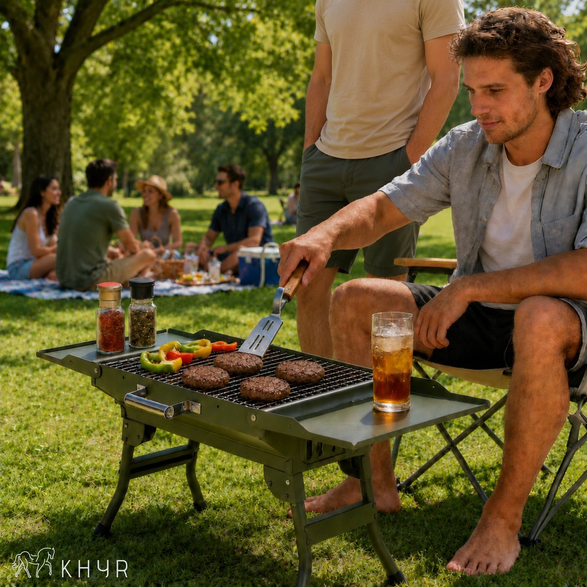 KHYR® CARRYFIRE BBQ Grill – NIEUW mei 2026 - Opvouwbare Draagbare Houtskool BBQ Grill – Portable Camping Barbecue – Tafel Barbeque - Draagbare Grill met Zijtafels – 45 x 30 cm Grilloppervlak – Voor Camping, Tuin, Outdoor BBQ - incl. Grijp spatel thumbnail 7
