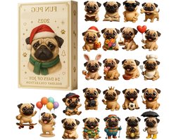 Kerst Adventskalender - Pug Countdown - Feestelijke Decoratie - 24 Acryl Ornamenten - 26x18x3 cm - Multicolor