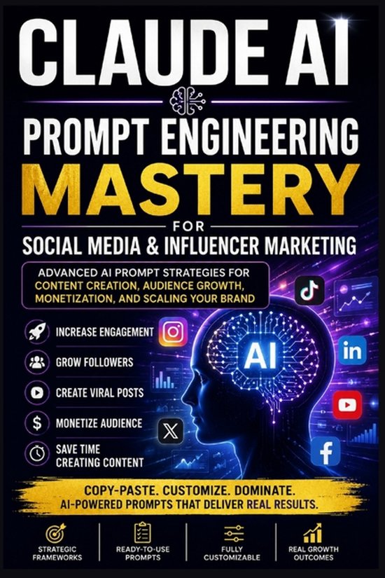 Boekomslag over Claude AI prompt engineering voor social media, met digitaal brein en sociale media iconen.