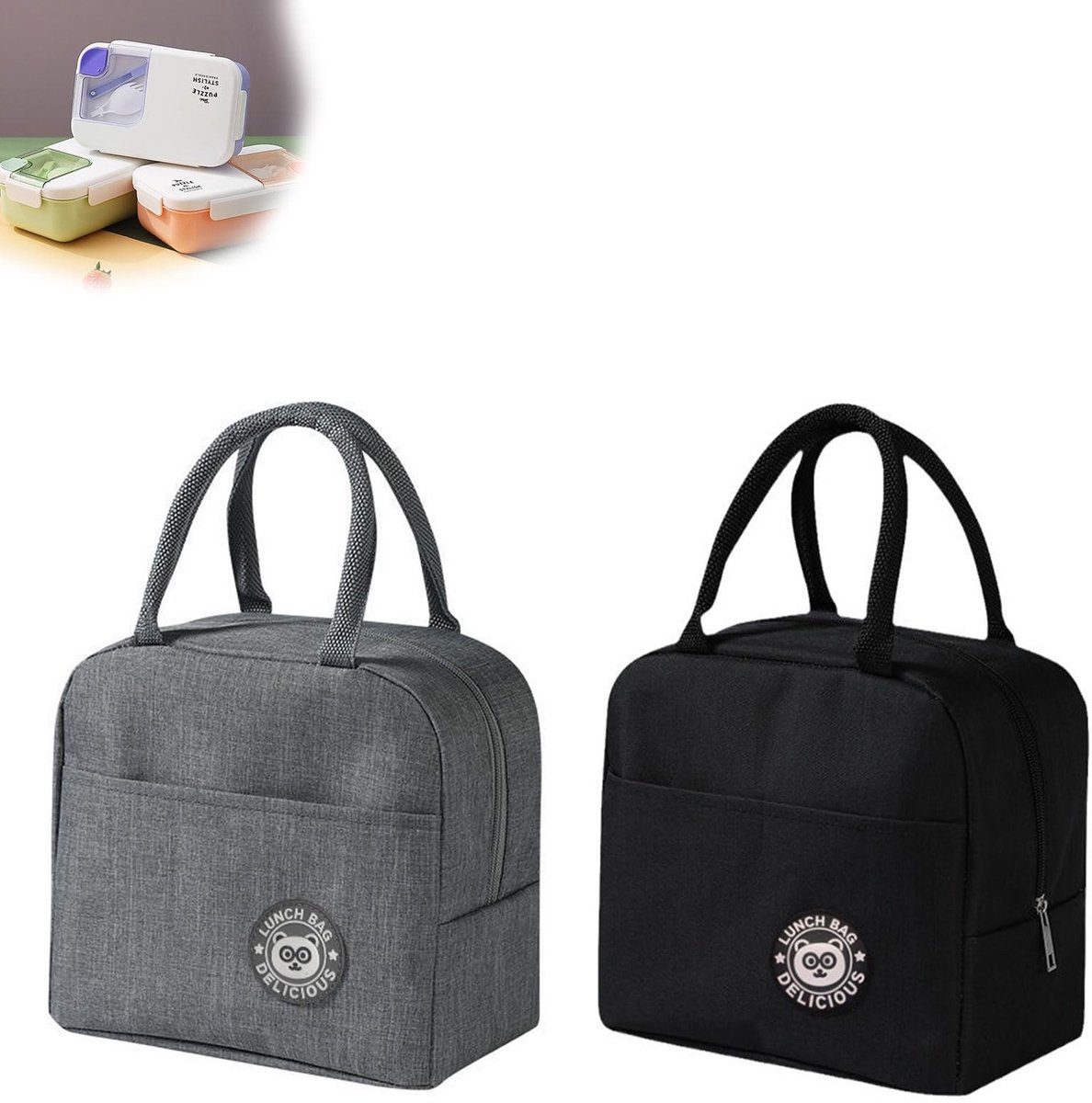 Dailygoods - Dailygoody - Thermotas - Draagbare geïsoleerde tas - Opvouwbaar - Zwart + Grijs - Geschikt voor kantoor en reizen - 2 stuks