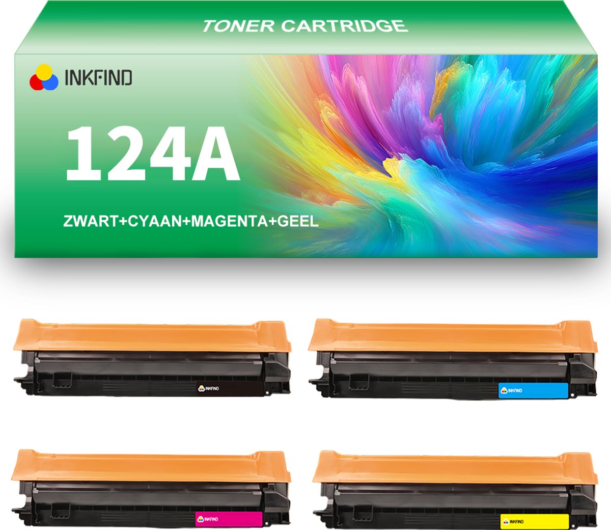 INKFIND 124A (Q6000A-Q6001A-Q6002A-Q6003A) / 707 tonercartridge multipack van 4 stuks (Zwart+Cyaan+Magenta+Geel) compatibel met HP 124A / Canon 707 voor HP Color Laserjet 2600/1600/2605N en Canon 707 Canon i-SENSYS LBP-5000/5100 - 4-pack BK/C/M/Y