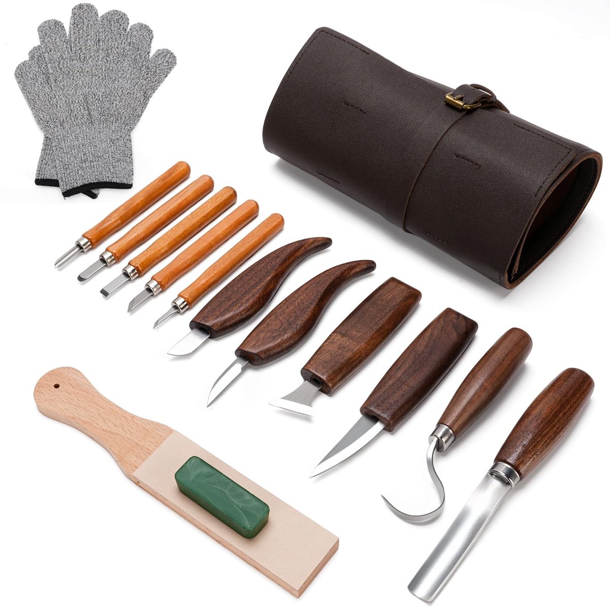 Dailygoods - Dailygoody - Snijgereedschapset - 15-delige set - Complete hobbymaterialen - Walnootgreep - Polijststeen - Voor hobbyisten - Geschikt voor divers
