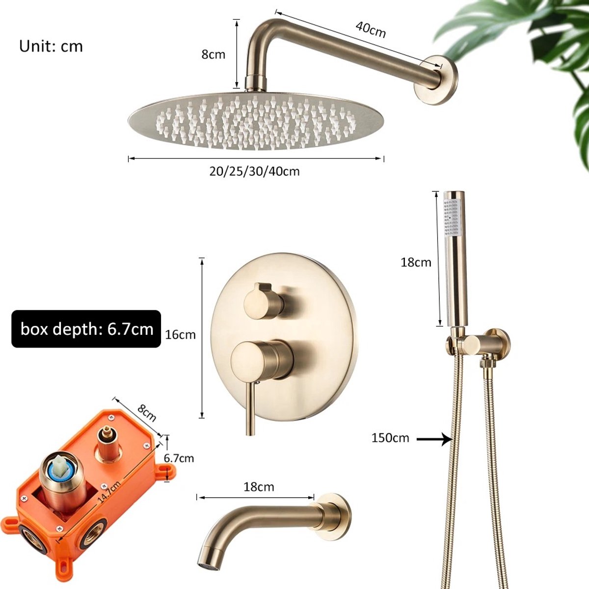 HomeGoodies - Goudkleurige douchekop - Regendouche - Roestvrij staal - Wandgemonteerd douchesysteem - Met badkuipuitloop