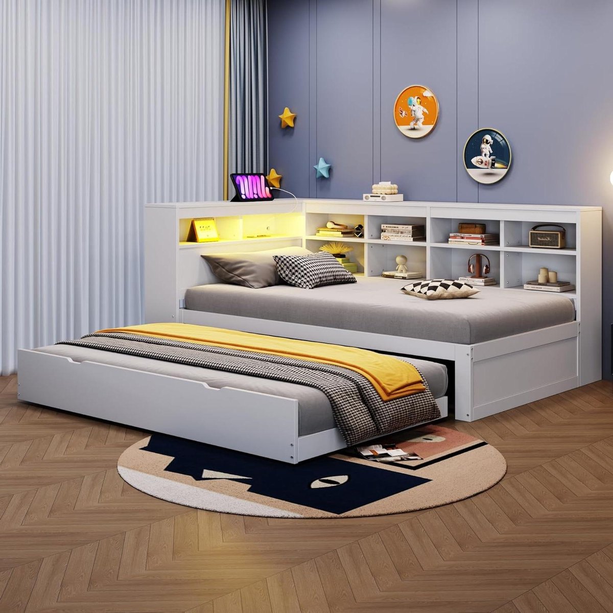 Houten Bank - Eenpersoonsbed - Ruimte Besparen - Met USB en LED - 90 x 200 cm - Wit